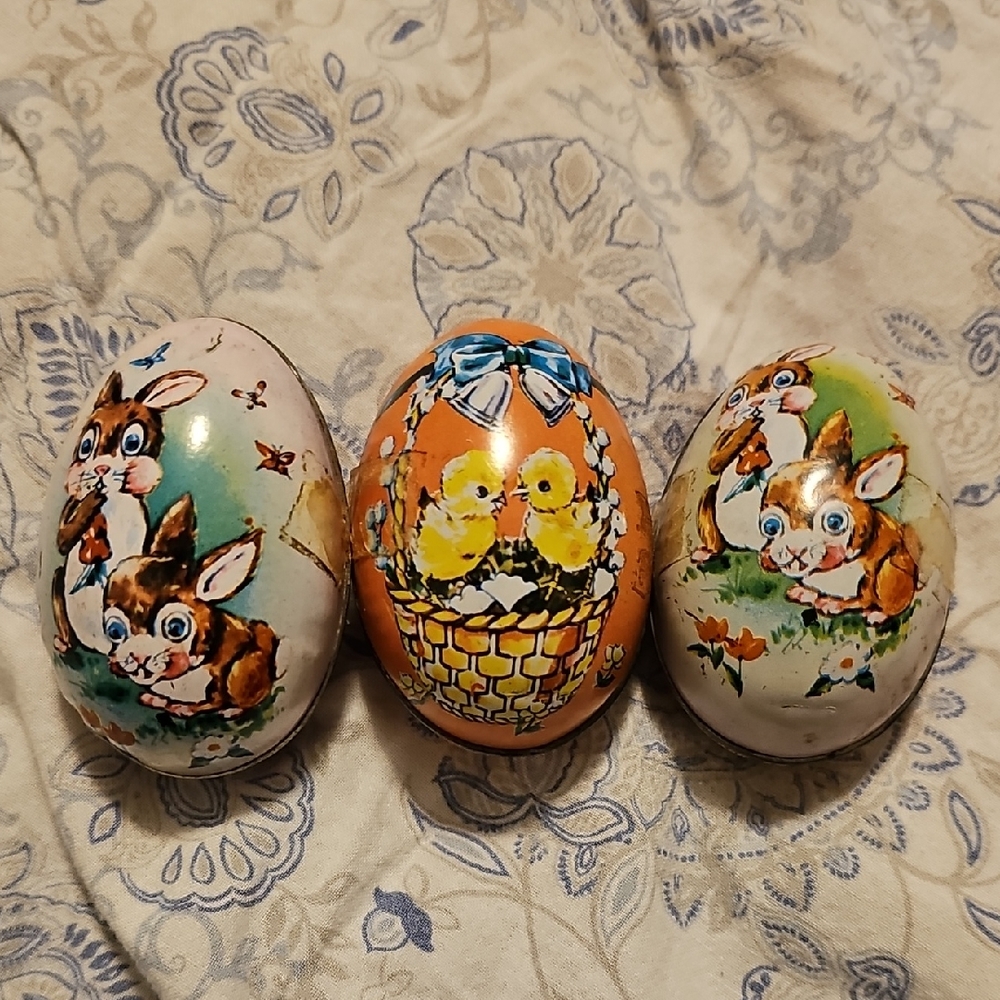 3 Tin Decorative Easter Eggs with Bunny and Chick Designs
